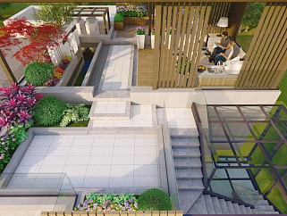 现代花园庭院景观 现代水池景墙 休闲座凳 廊架 屋顶花园